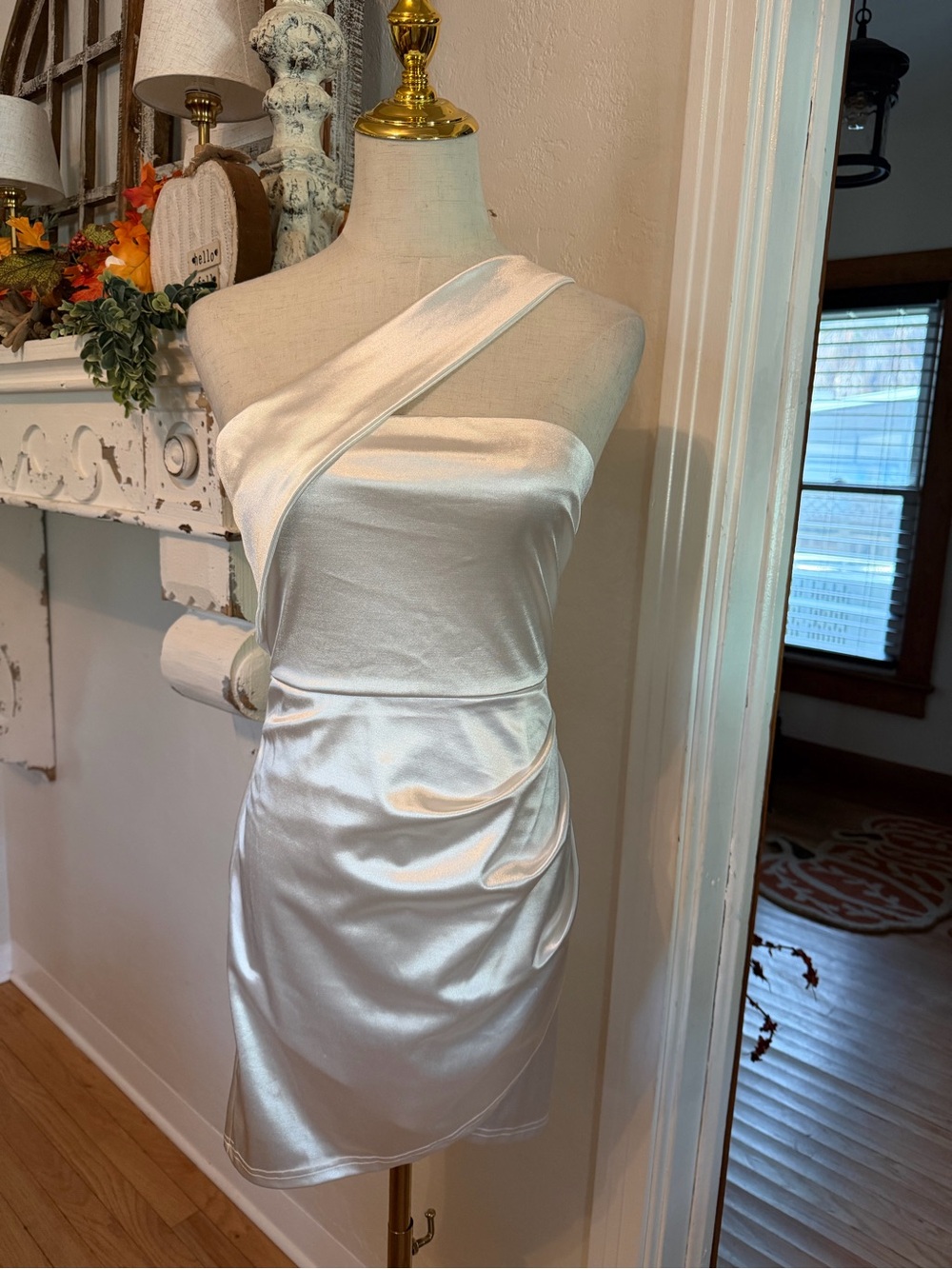 One-Shoulder Satin Cocktail Dress in White